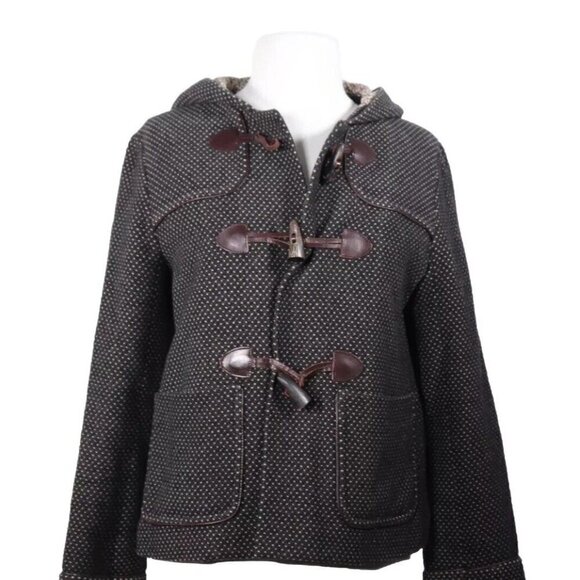 Cacharel Women’s Small Brown Tweed Duffle Coat Wool Elbow Patch Hooded Jacket - Picture 2 of 6